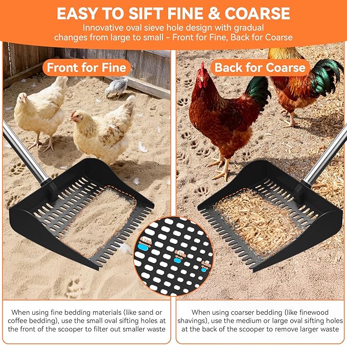 Chicken Poop Scooper & Rake 2-in-1, Pooper Scooper with 13in Wider PP Head & Adjustable Stainless Steel Handle, 33''-69'' Sand Sifting Shovel Litter Scooper for Chicken Coop/Small Farm Animals, Black