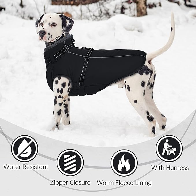 PUMYPOREITY Snow Jacket for Large Dogs Waterproof, Warm Dog Winter Coat with Harness Built in, Fleece Jacket with Back Zipper, Cold Weather Coats for Outdoor, Windproof Pet Snowsuit, Black, 3XL