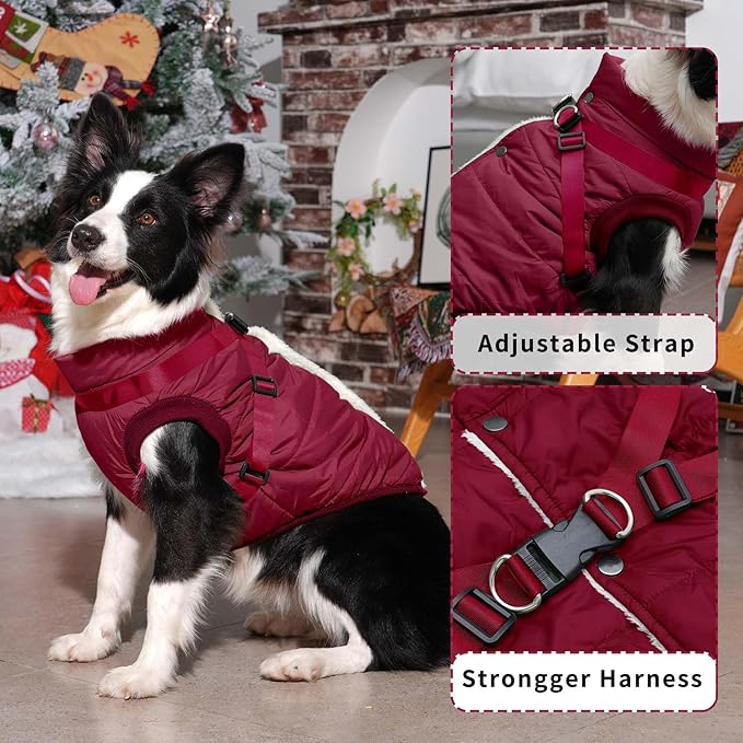 Dog Jacket with Harness,Fleece Lined Warm Puppy Coat for Winter,Soft Windproof Small Dog Vest,Red M