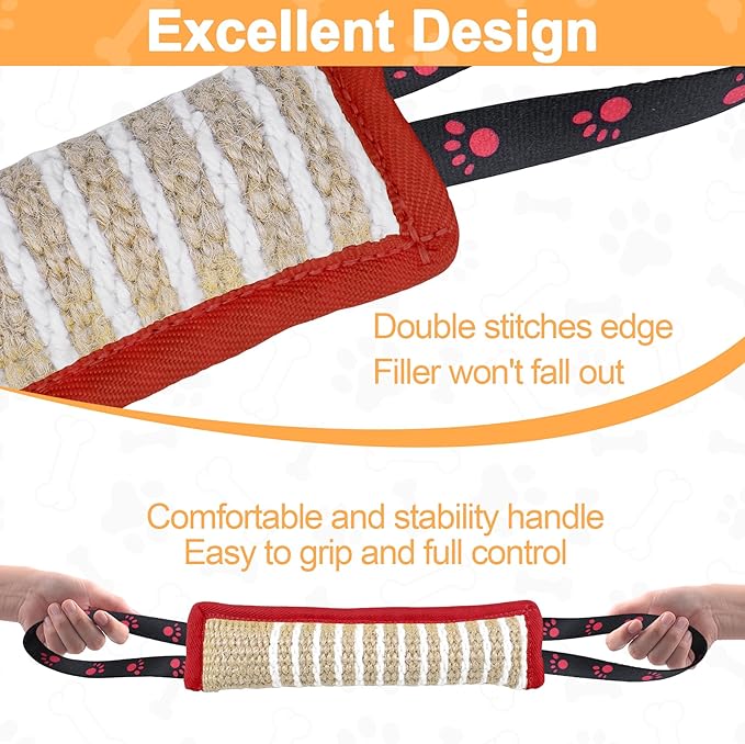 Dog Tug Toy Dog Bite Jute Pillow Pull Toy with 2 Strong Handles Perfect for Tug of War, Puppy Interactive Play, Tear Resistant Bite Training Toys for Small Medium Large Dogs (Red Footprint)