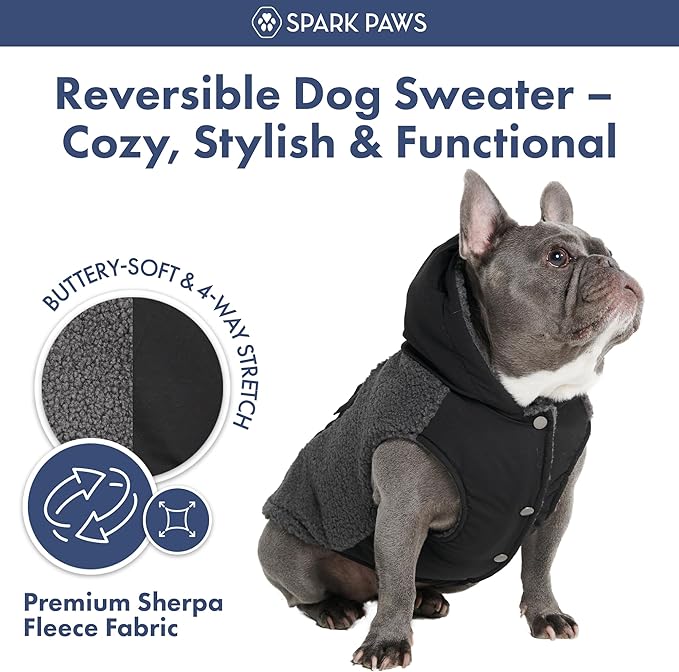 Spark Paws Reversible Dog Sweater, Sherpa Vest with Warm Fleece Lining, Warm Coat for Winter, Suitable for Small Medium, Large, XL XXL Dogs - Black and Grey - 3XL