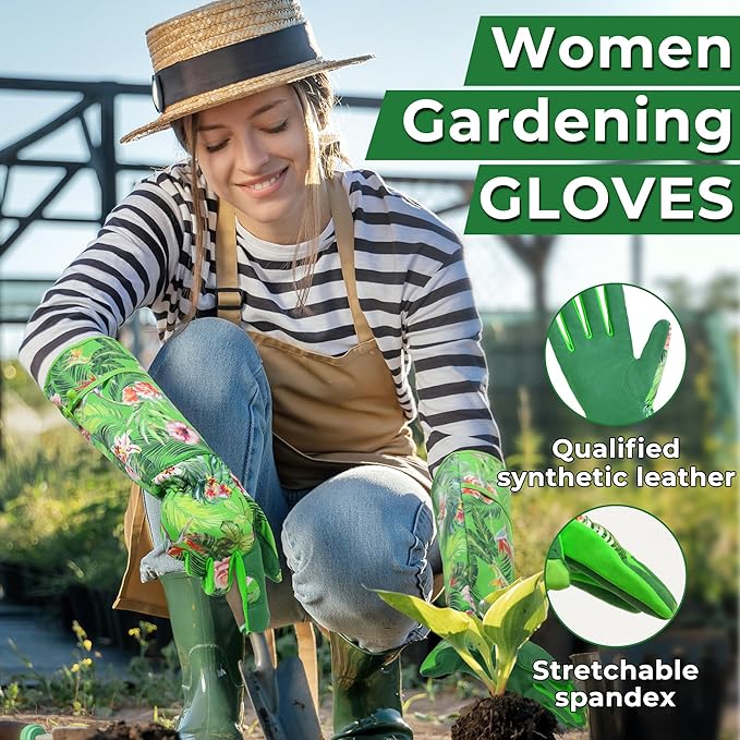 HANDLANDY Women Gardening Gloves, Scratch Resistant Breathable Ladies Rose Pruning Long Gauntlet Floral Print Garden Yard Gloves, Gift for Gardeners (Green, M)