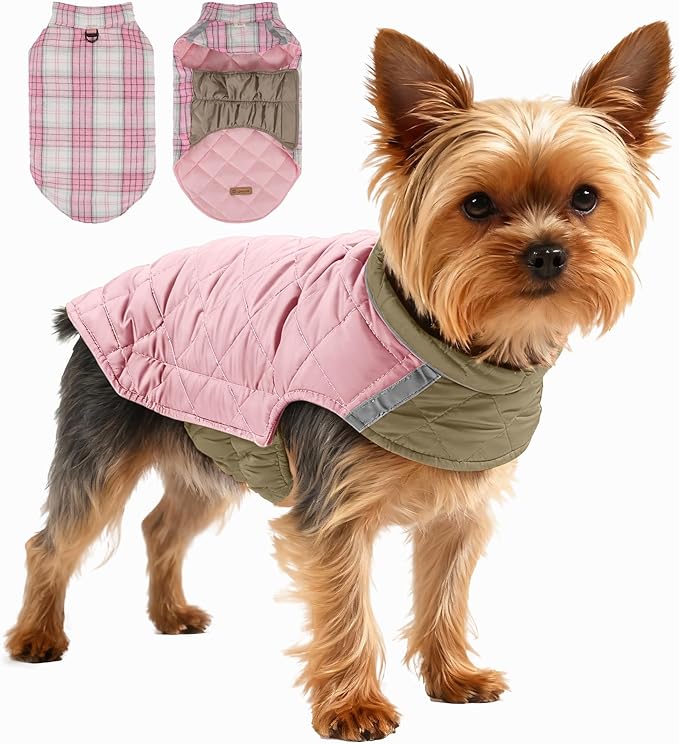 Quilted Dog Winter Coat, Plaid Lined Reversible Vest, Reflective Safety Strip, Cold Weather Pet Apparel Pink M