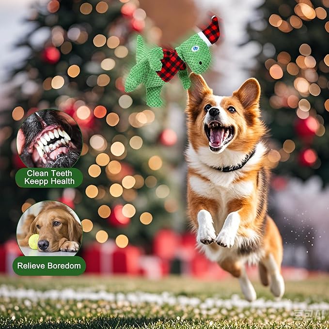 Christmas Dog Toys, Plush Stuffed Green Dinosaur Animals Toy, Squeaky Dog for Small, Medium, and Large Dogs, Interactive Dog Toys for Tug-of-War