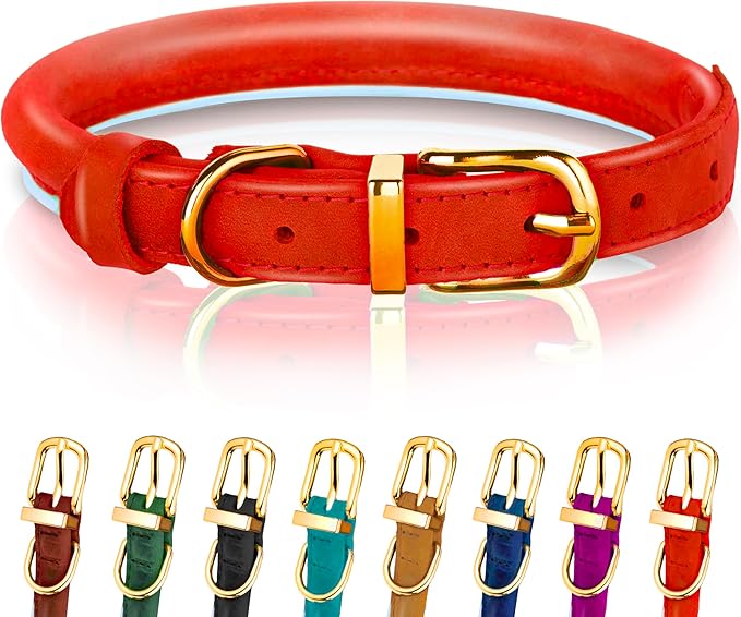 OOPSDOGGY Reflective Rolled Leather Dog Collar Adjustable Soft Padded Pet Collar for Small Medium Large Breed Dogs (Red, XL, 17"-21")
