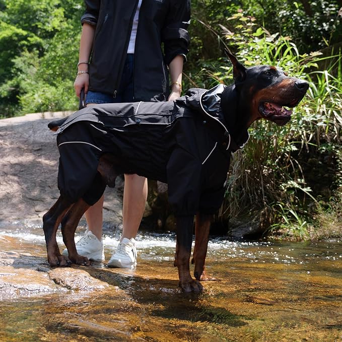 LOVELONGLONG Fleece-Lined Dog Raincoat with Removable Hood – Waterproof Winter Full Body Dog Jacket – Windproof Snowproof Cold-Weather Suit – Black-F XXS