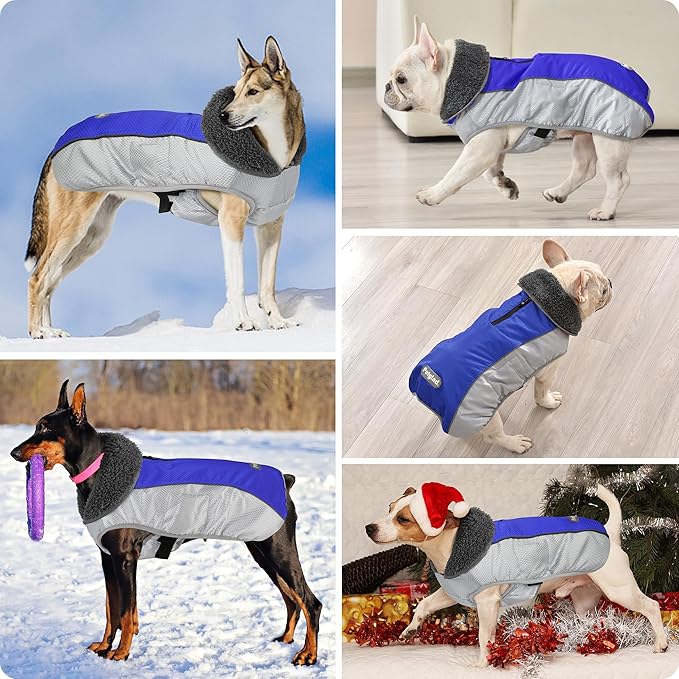 Dog Coat, Waterproof Ripstop Dog Winter Jacket with Leash Hole, Reflective Adjustable Warm Pet Fleece Snow Sweater for Small Medium Large Dogs - Blue, 2XL