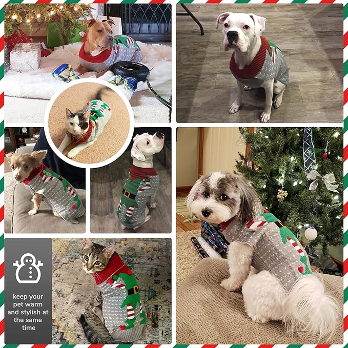 PETCARE Dog Christmas Sweater Ugly Elf Clown Cat Sweater Vest Pet Jumper Grey Green Holiday Dog Clothes Puppy Sweaters for Small Medium Large Dogs Cats Fall Winter Outfits Xmas Dogs Costume,Small