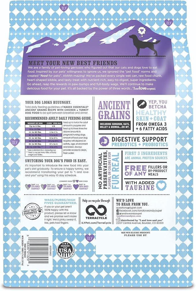 I and love and you Naked Essentials Ancient Grains Dry Dog Food - Chicken + Turkey - High Protein, Real Meat, No Fillers, 4lb Bag