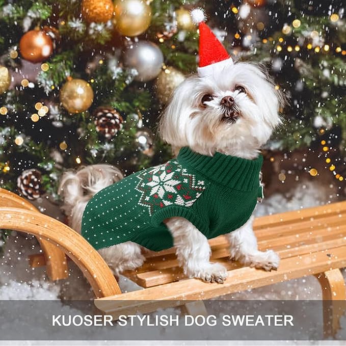 Kuoser Dog Sweater, Holiday Christmas Snowflake Pet Warm Knitwear Dog Sweaters Soft Puppy Clothing, Doggie Turtleneck Cold Weather Outfit Pullover for Small Medium Large Dogs Cats, Green XS