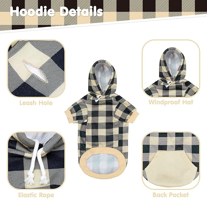 KOOLTAIL Plaid Dog Hoodie Pet Clothes Sweater with Hat and Pocket for Small Medium Large Size Dogs, Soft Winter Warm Dog Cold Weather Coat, Fleece Fall Dog Hooded Sweatshirt for Puppy Cats, Beige XL