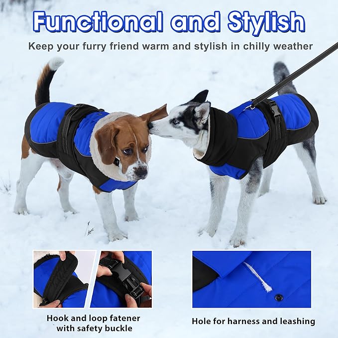 Dogcheer Waterproof Dog Coat, Christmas Dog Winter Jacket, Adjustable Puppy Fleece Coat for Cold Weather, Reflective Turtleneck Snow Jacket for Small Medium Large Dogs - Blue, S
