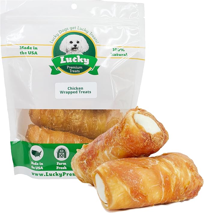 Lucky Premium Treats Chicken Wrapped Dog Treats – USA Made Raw Hide Sticks for Extra Large Size Dogs – Long Lasting, Preservative Free Dog Treats – 12 Chews