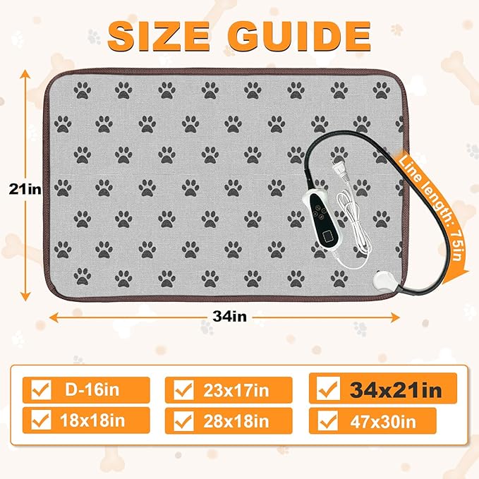 Bestio 34 × 21 in Large Dog Heating pad,Upgraded Smart Thermostat Switch Heated Dog Bed with Normally ON Function (1-24 Hours) - Paw