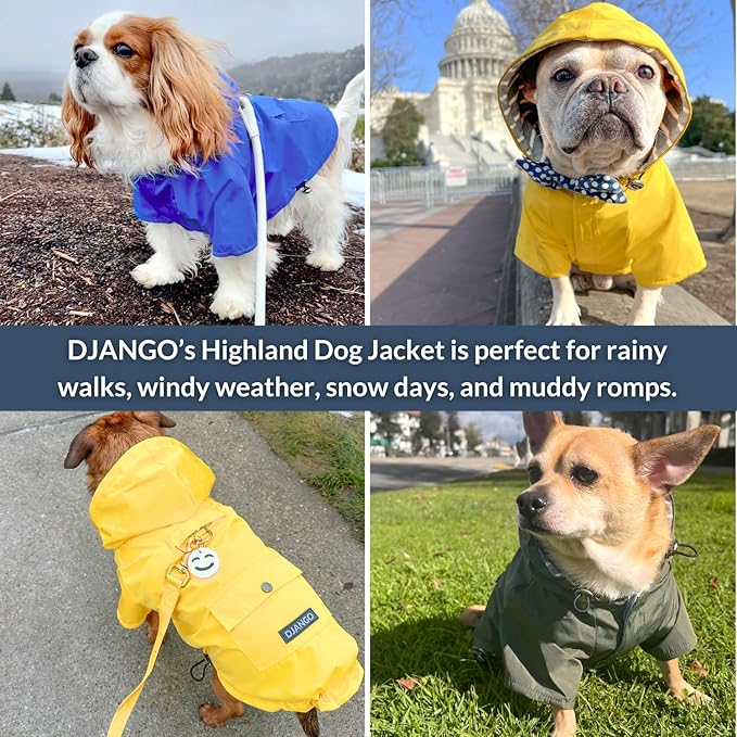 DJANGO Highland Dog Jacket & Raincoat – Water-Repellent, Lined Dog Coat with Hood, Adjustable Fit & Harness Hole – Lightweight Rain & Wind Jacket for Small & Medium Dogs up to 30 lbs (Red, X-Small)