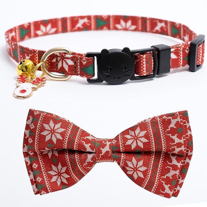 2 Pack Cotton Christmas Cats Collar with Bow Tie Red Green Cat Collars for Girl Female Boy Male Cat Collar with Bell Elk Cute Gloves Charms
