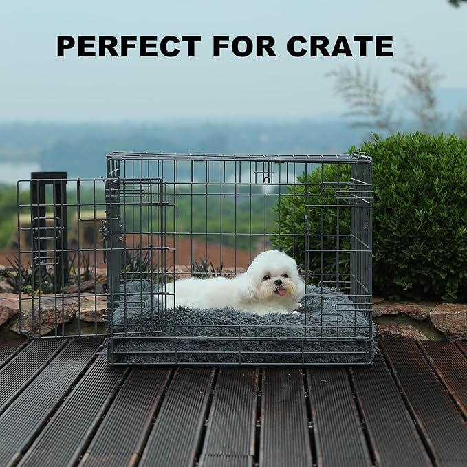 Bedfolks Waterproof Dog Crate Bed, Plush Pad With Removable Cover, Faux Fur for Small Dogs and Cats, Fluffy Washable Kennel Bed 17"x12", Solid Dark Grey