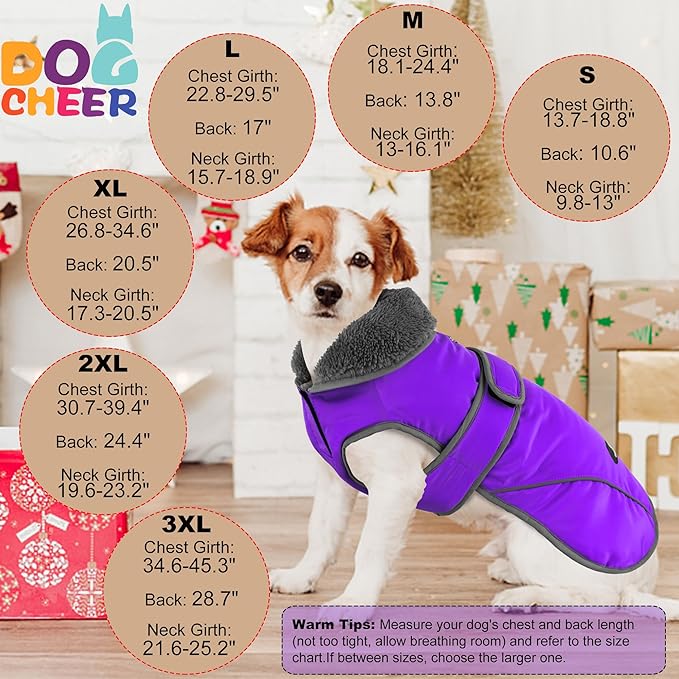 Dogcheer Dog Coat, Waterproof Dog Jacket Reflective Pet Winter Coat with Adjustable Hook & Loop, Christmas Puppy Fleece Jacket Warm Turtleneck Snowsuit for Small Medium Large Dogs - Purple, 2XL