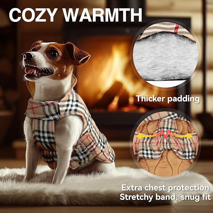 VIVAGLORY Softjoy Dog Coat, Dog Jacket for Winter & Christmas, Coat with Harness Hole & Velcro Closure, Reversible Plaid Checkered Warm Fluffy Heavy Duty for Puppy, XL, Khaki