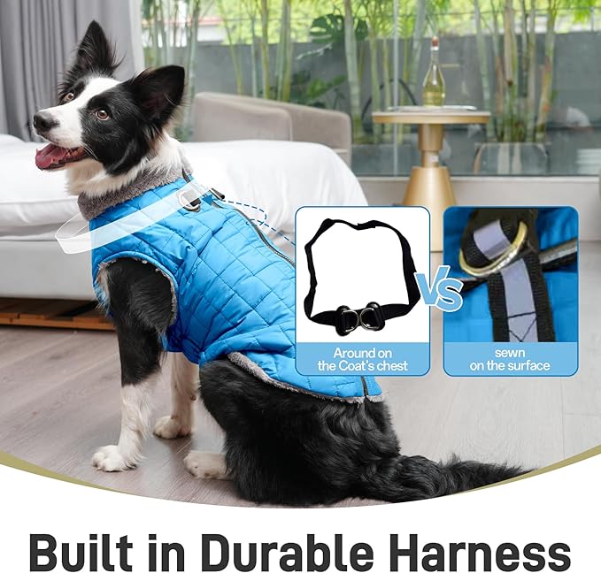Warm Fleece Dog Coats with Durable Harness Buitl in D-Ring,Waterproof Doggie Jacket for Large Dogs,Dog Vest for Cold Winter,Light Blue XXL