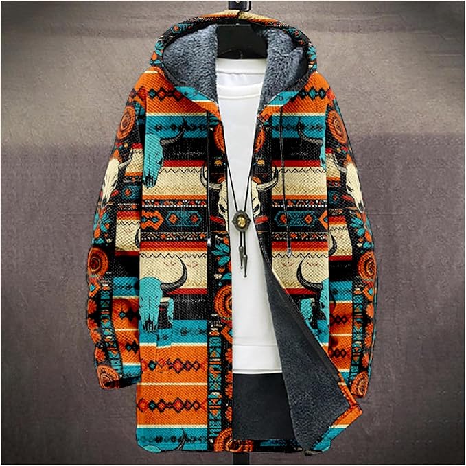 Mens Aztec Print Hoodie Heavyweight Cotton Fleece Jacket Zip Up Warm Long Sleeve Hooded Winter Midi Coat