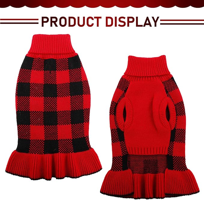 Dog Sweater Dress Plaid Knitwear for Small Medium Dogs Warm Puppy Pet Turtleneck Stretch Pullover Cute Fall Winter Vest Clothes with Leash Hole for Christmas (Red, S)