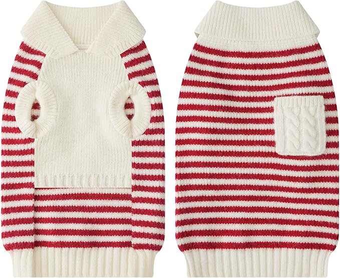 Small Dog Sweater, Knitted Striped Pullover Dog Clothes for Cold Weather, Thick Warm Cozy Stretchy Sweater for Chihuahua, Bulldog, Dachshund, Pug(Red & White Strip, S)