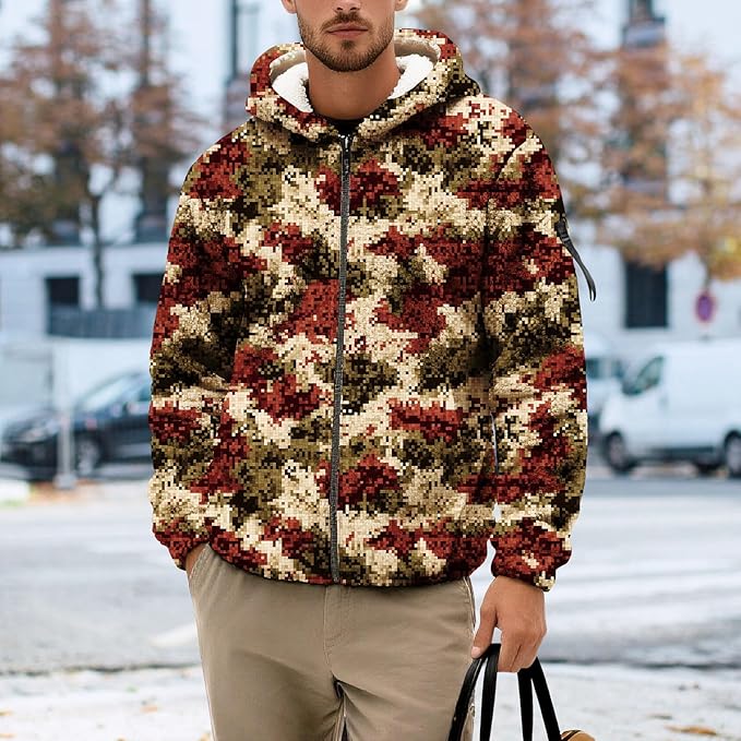Men's Camouflage Hunting Fleece Lined Hoodie Camo Jackets Zip Up Long Sleeve Casual Winter Coats Hood Outerwear