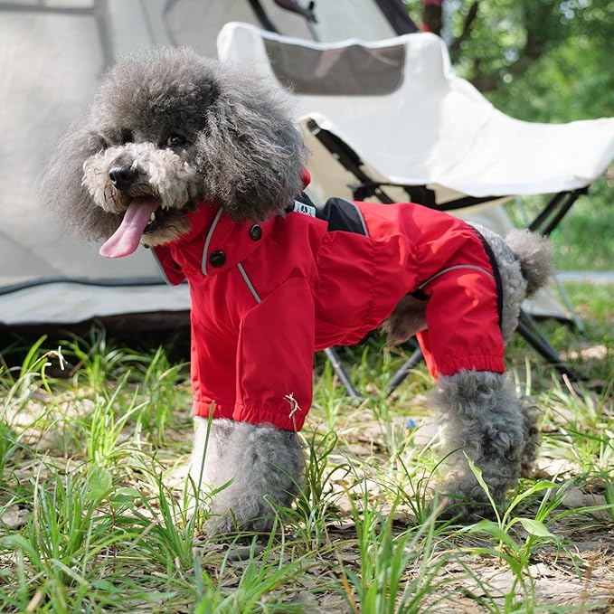 LOVELONGLONG Waterproof Dog Raincoat with Removable Hood – Outdoor Full Body Dog Jacket, Windproof Snowproof Shell Suit – All Season Pet Rain Gear Red 4XL