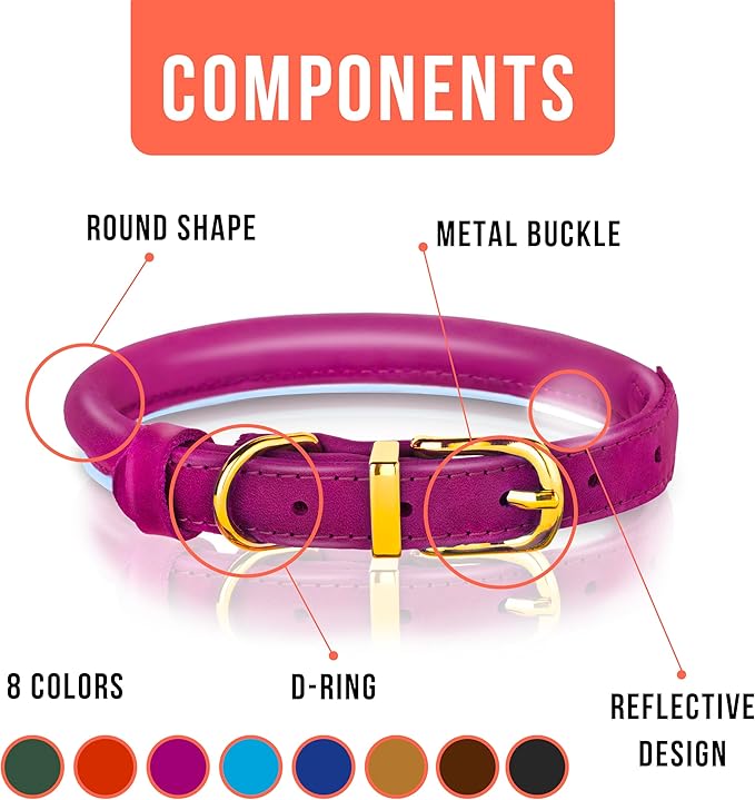 OOPSDOGGY Reflective Rolled Leather Dog Collar Adjustable Soft Padded Pet Collar for Small Medium Large Breed Dogs (Pink, XS, 8"-11")