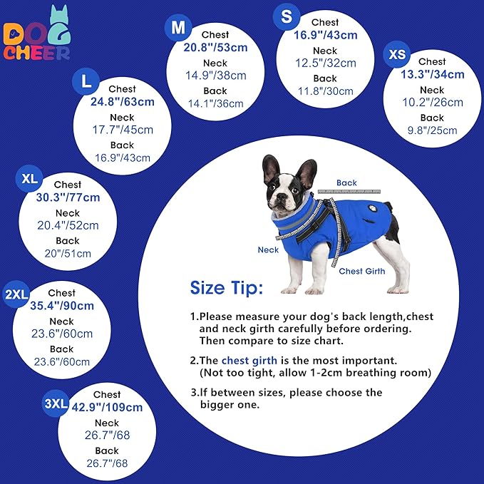 Dogcheer Dog Coat, Waterproof Dog Winter Jacket with Harness, Reflective Adjustable Doggy Cold Weather Coats, Christmas Pet Fleece Snowsuit for Small Medium Large Dogs - Blue, XL