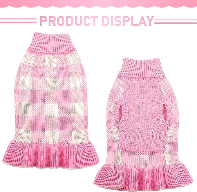 Dog Sweater Dress Plaid Knitwear for Small Medium Dogs Warm Puppy Pet Turtleneck Stretch Pullover Cute Fall Winter Vest Clothes with Leash Hole for Christmas (Pink, XL)