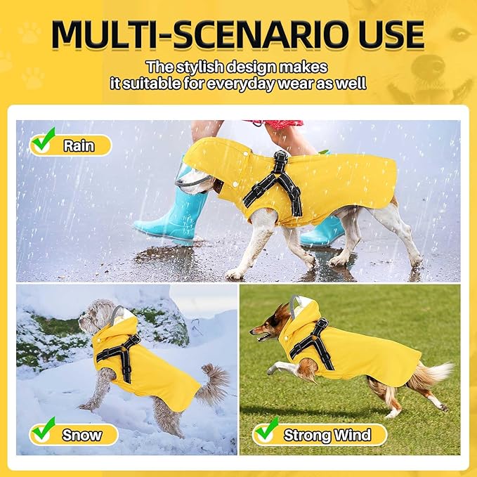 Lukovee Dog Raincoat - Waterproof Rain Jacket with Harness & Removable Hood, Reflective Double Layer Dog Rain Coat Poncho for Small Medium Large Dogs Puppy (XS, Yellow)