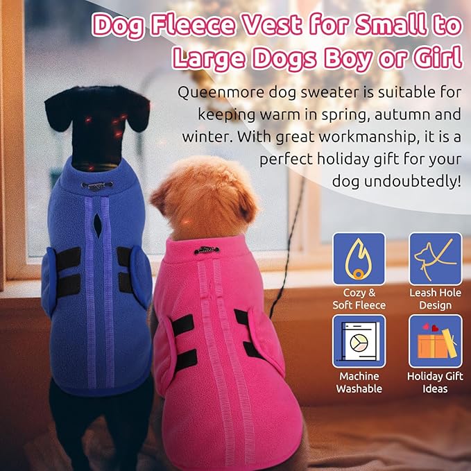 Queenmore Small Dog Sweater, Soft Fleece Vest Pullover Dog Jacket with Leash Hole, Warm Winter Dog Coats Cold Weather Doggy Dachshund Sweaters for Small Dogs Cats Boy or Girl (Blue, XS)