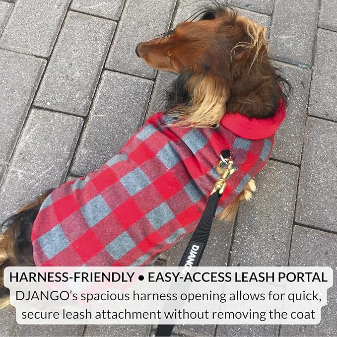 DJANGO Reversible Puffer Dog Coat – Warm Winter Dog Jacket & Water-Repellent Insulated Dog Coat with Harness Hole, Windproof, Adjustable Fit for Small & Medium Dogs, Dachshunds – Lava Red, X-Small