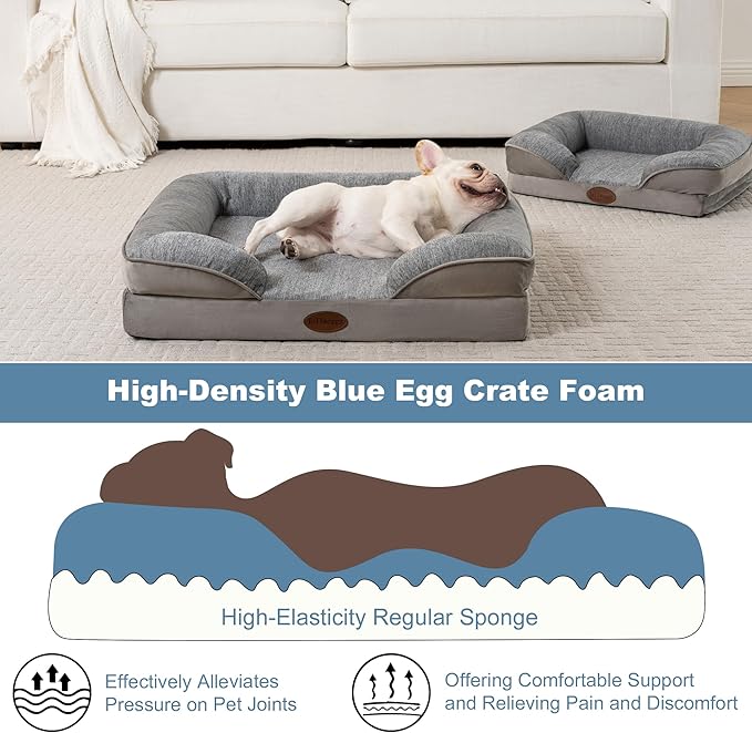 Cooling Pet Bed for Large Dogs and Cats, Waterproof Orthopedic Dog Sofa Bed, Supportive Foam Pet Couch Bed with Washable Removable Cover, Waterproof Lining and Nonskid Bottom(Large, Grey)
