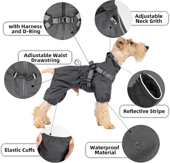 Mile High Life Waterproof Dog Raincoat, Full Coverage Small Dog Rain Coat with Harness, Adjustable 4 Legs Puppy Rain Jacket with Reflective Strip and Elastic Cuffs (Orange, XXS Back Length 9.8")