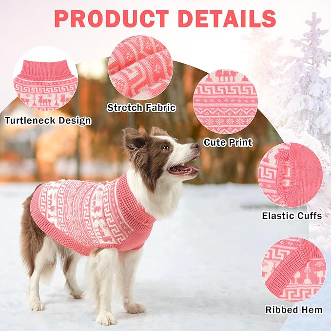 SCENEREAL Turtleneck Dog Sweater for Small Medium Large Dogs Girls Boys, Knit Pet Pullover Puppy Clothes Cold Weather Coats, Holiday Outfits Sweatshirt for Christmas, Pink L