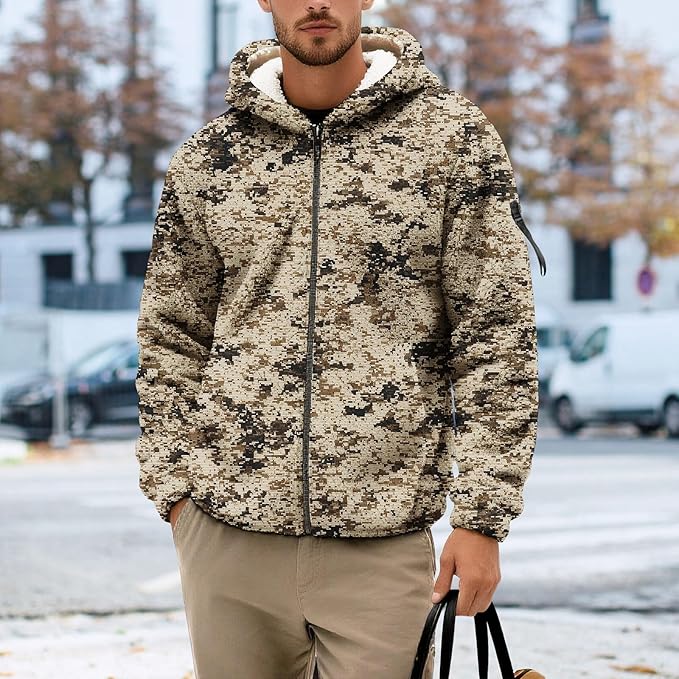 Men's Camouflage Hunting Fleece Lined Hoodie Camo Jackets Zip Up Long Sleeve Casual Winter Coats Hood Outerwear