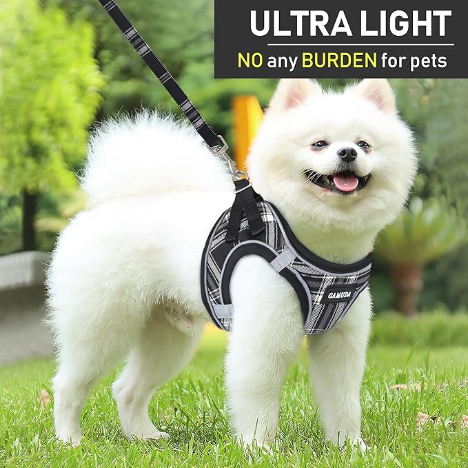GAMUDA Small Dog Harness Collar and Leash Set, Step in No Chock No Pull Soft Mesh Adjustable Dog Vest Harnesses Plaid Reflective for Dogs Puppy Cats Kitten Rabbit (Black, XL)