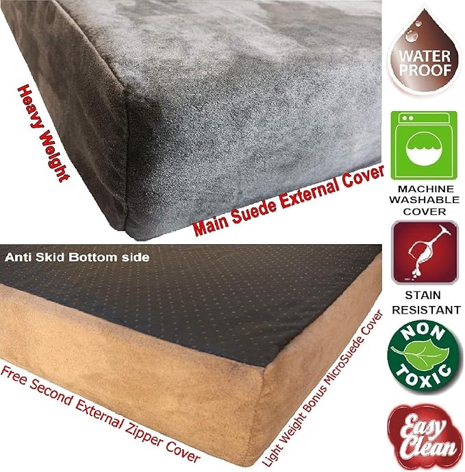 Dogbed4less Orthopedic Gel Memory Foam Pet Dog Bed, Waterproof Liner with External Microsuede Cover and Bonus Antislip Cover (Microsuede Gray, 40"X34"X4" Inches)