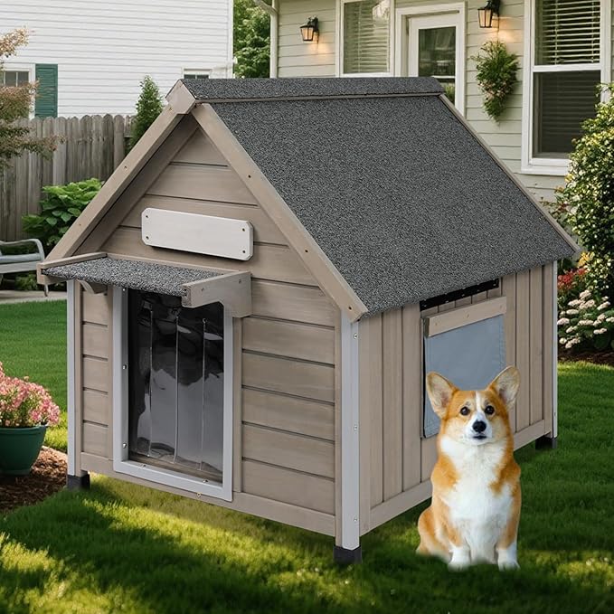 Small Dog House Indoor, Wooden Outdoor Dog House with Waterproof Roof, Chew-Proof Iron Frame, Doghouse Kennel Puppy Shelter for Small Medium Dogs, 26''x34.6''x32''