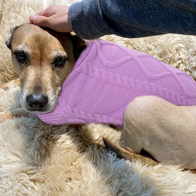 Queenmore Small Dog Pullover Sweater, Cold Weather Cable Knitwear, Classic Turtleneck Thick Warm Clothes for Chihuahua, Bulldog, Dachshund, Pug (Lilac, Medium)
