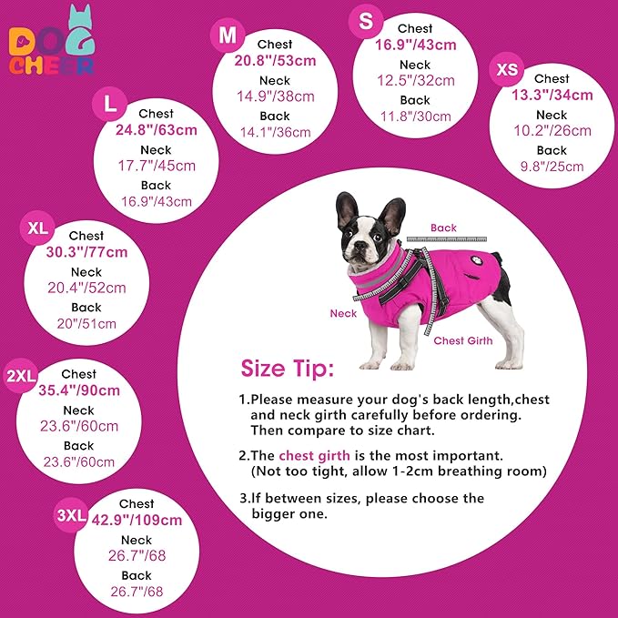 Dogcheer Dog Coat with Harness, Waterproof Dog Jacket Christmas Pet Winter Coat with Pockets, Reflective Doggy Turtleneck Fleece Jacket for Small Medium Large Dogs - Pink, 3XL