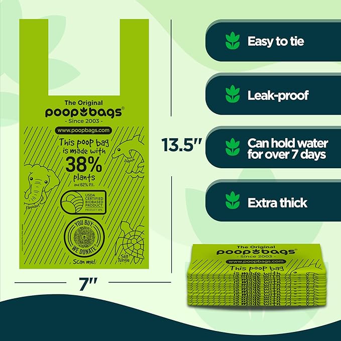 The Original Poop Bags® Dog Waste Bags with Handles - Heavy-Duty & Leak-Proof, USDA Certified 38% Plant-Based, Unscented, Easy Tie-Handle Poop Bags for All Size Dogs (360 Count)