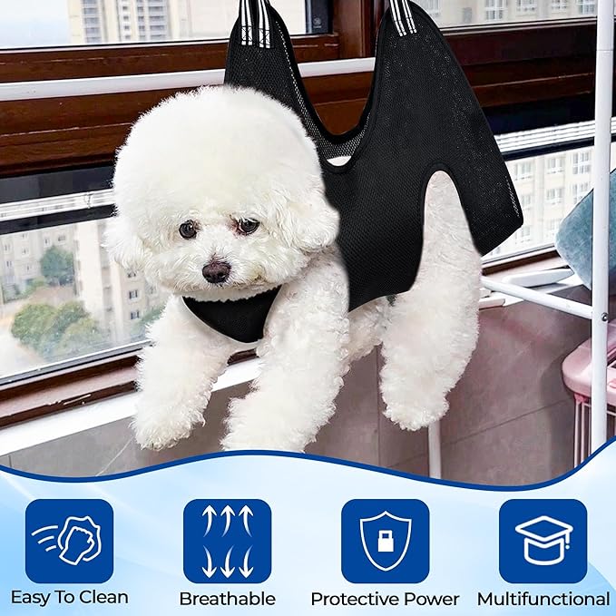 Pet Grooming Hammock for Cats & Dogs, Breathable Mesh Dog Hanging Harness for Nail Trimming, Grooming, Bathing Includes S Hooks, Dog Hammock/Grooming Sling, Pet Grooming Sling Helper(Black,M)