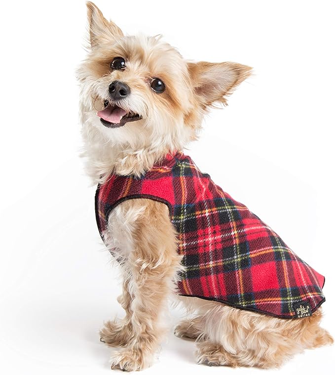 Goldpaw Stretchy Fleece Jacket for Small Dogs - Super Soft, Warm Dog Sweater - Pet Sweater Vest for Fall and Winter - Canine Clothes Made in The USA - Machine Washable - Red Classic Plaid - Size 14
