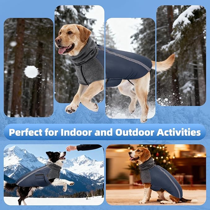 SlowTon Winter Dog Coat, Warm Polar Fleece Lining Doggie Outdoor Jacket with Turtleneck Scarf Reflective Stripe Adjustable Waterproof Windproof Puppy Vest Soft Pet Outfits (L+,Dark Blue)