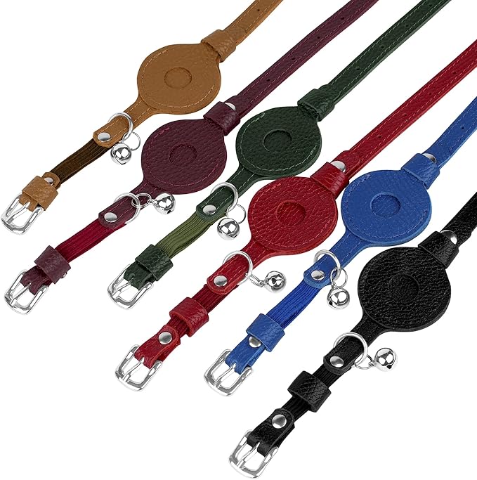 OOPSDOGGY Cat Collar for AirTag Holder, Leather Kitten Collars with Elastic Strap & Bell, Non Breakaway Adjustable Small Pet Collars for Indoor & Outdoor for Boy, Girl (Green)