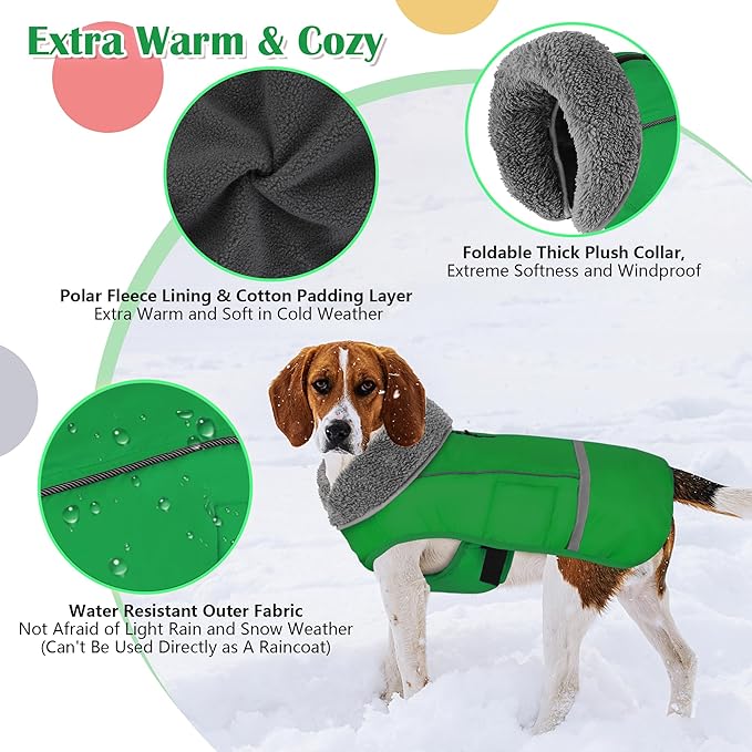 Dogcheer Warm Dog Coat, Waterproof Dog Jacket Christmas Puppy Winter Coat with Buckle, Reflective Adjustable Pet Snow Jacket Turtleneck Fleece Sweater for Small Medium Large Dogs - Green, XL